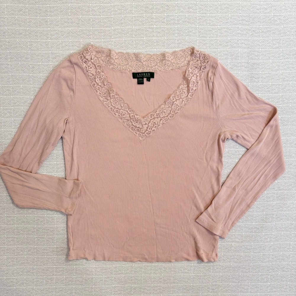 Lauren Ralph Lauren Pink Ribbed Lace Trim V-Neck Long Sleeve Top Large